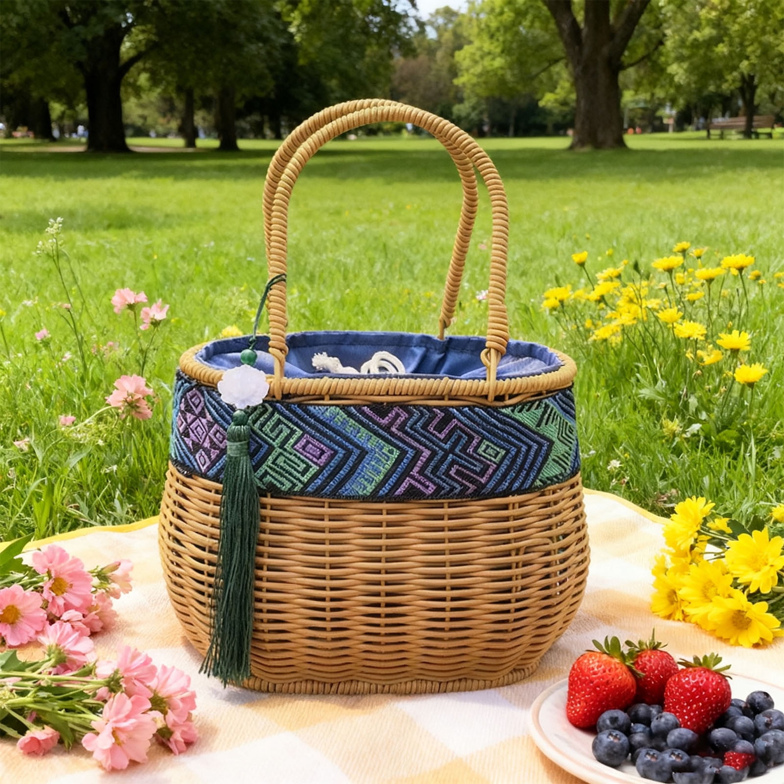 Rattan Wicker Woven Basket with Handle, Portable Garden Harvest Basket Wicker Storage Baskets for Picnic, Easter, Organizing, Gathering Vegetables (Brown, 21x13x16cm)