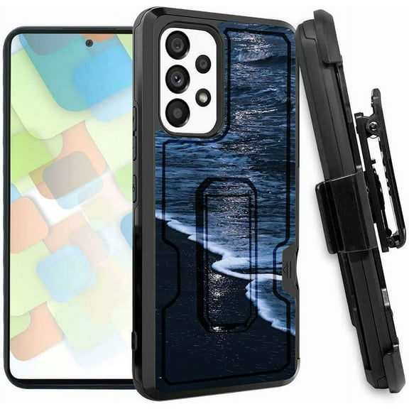 ANJ  Rugged Dual Layered Holster Case w/Kickstand, Card Slot Case   Tempered Glass Cover for Samsung Galaxy A53 5G - Beach at Night