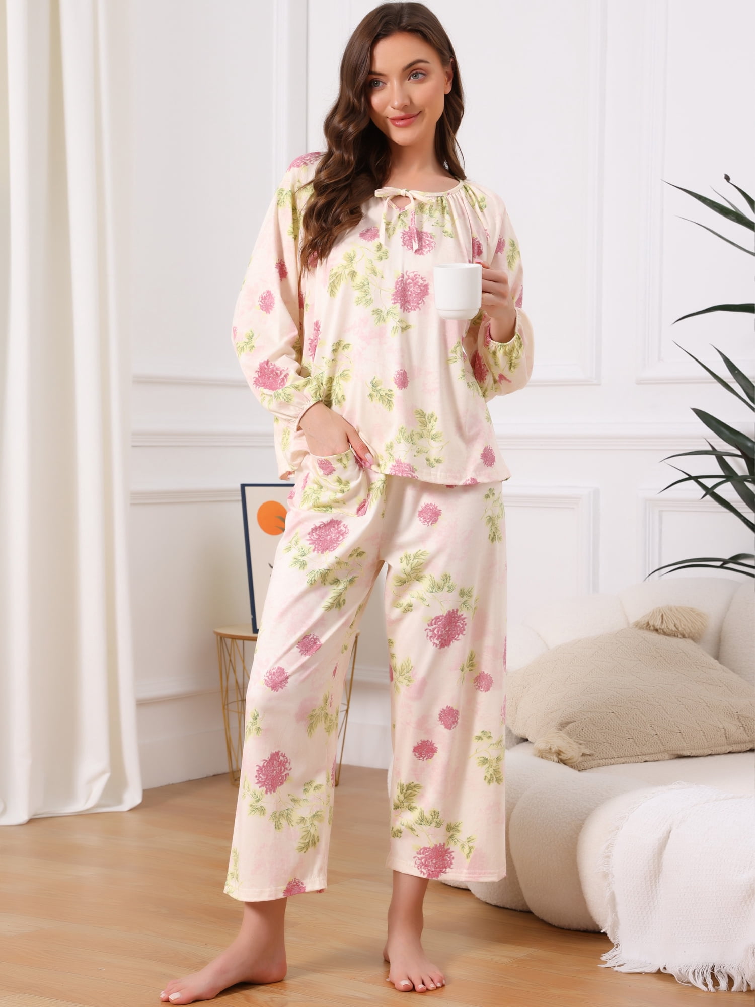 DARING DIVA Women's Long Sleeve Floral Pullover Tie Front Wide Leg Pajamas L Beige
