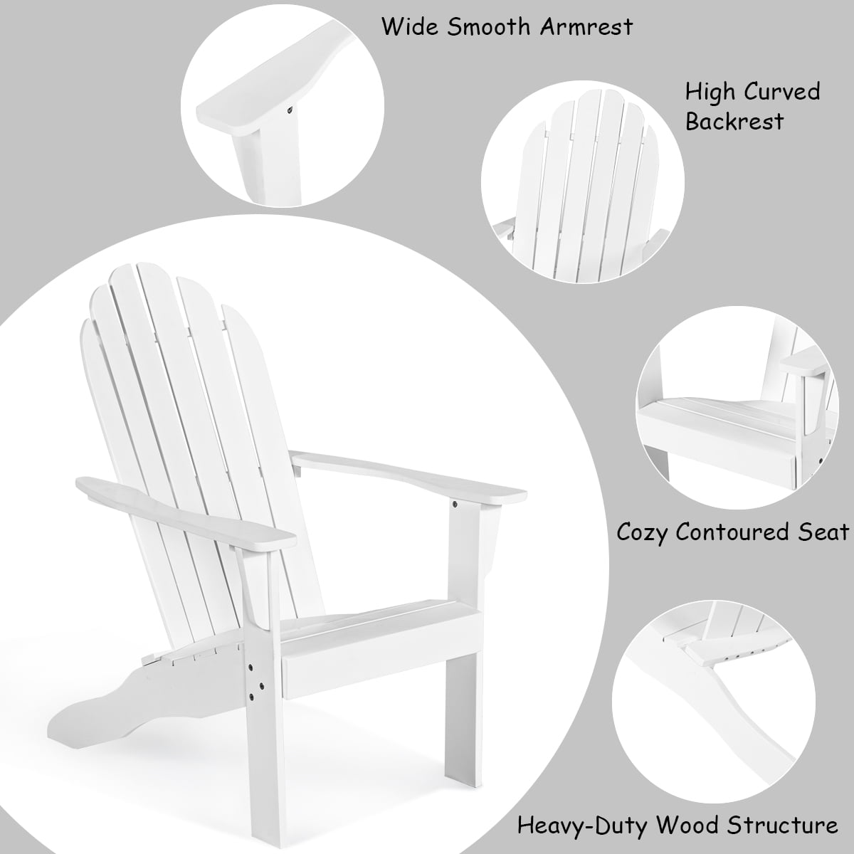 Costway Outdoor Adirondack Chair Accent Chair Solid Wood sturdy Patio Garden Furniture White