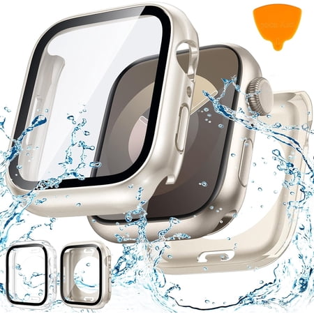 2-Pack Waterproof Apple Watch Case for Series 9 8 7 Screen Protector 41mm, 360 Protective Glass Face Cover + Back Bumper for iWatch Accessories 41 mm Clear/Starlight