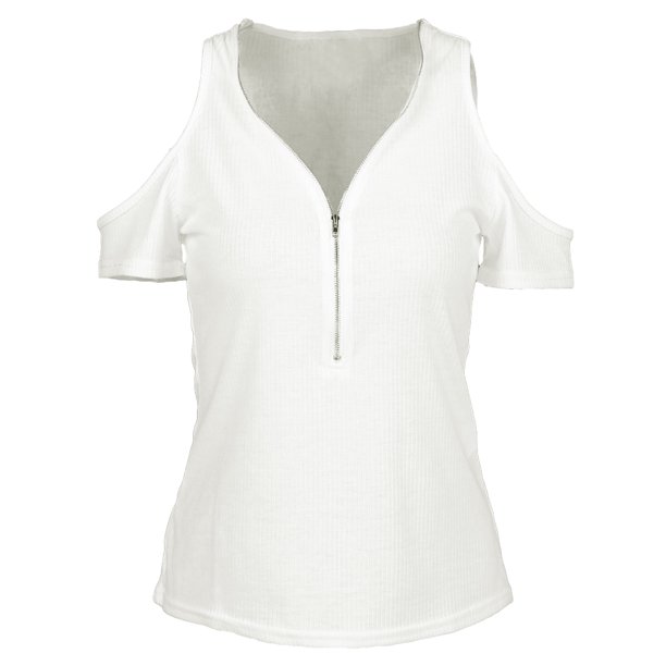 Camiseta de mujer, tops ajustados recortados de manga corta con escote en V profundo elástico Romacci Blanco XL
