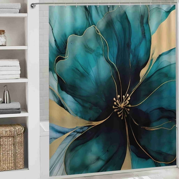 70x70 inch Teal and Gold Abstract Floral Shower Curtain, Waterproof Polyester Fabric with Hooks for Bathroom Decor