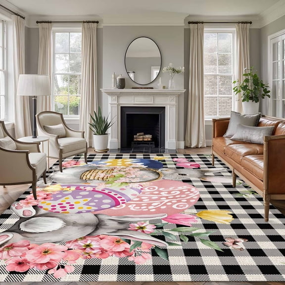 Large Area Rugs for Living Room Bedroom, Bunny Easter 8'x10' Rug Washable Carpet Runner Indoor Outdoor, Eggs Plaid Spring Floral Black White Farmhouse Non Slip Floor Mats Rug for Kitchen, Patio