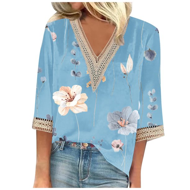 ICHUANYI Clearance Women's Sexy Fashion Casual V-neck Printed Loose Medium And Long Sleeve Top(Light Blue, L) ICHUANYI WER2023081509301