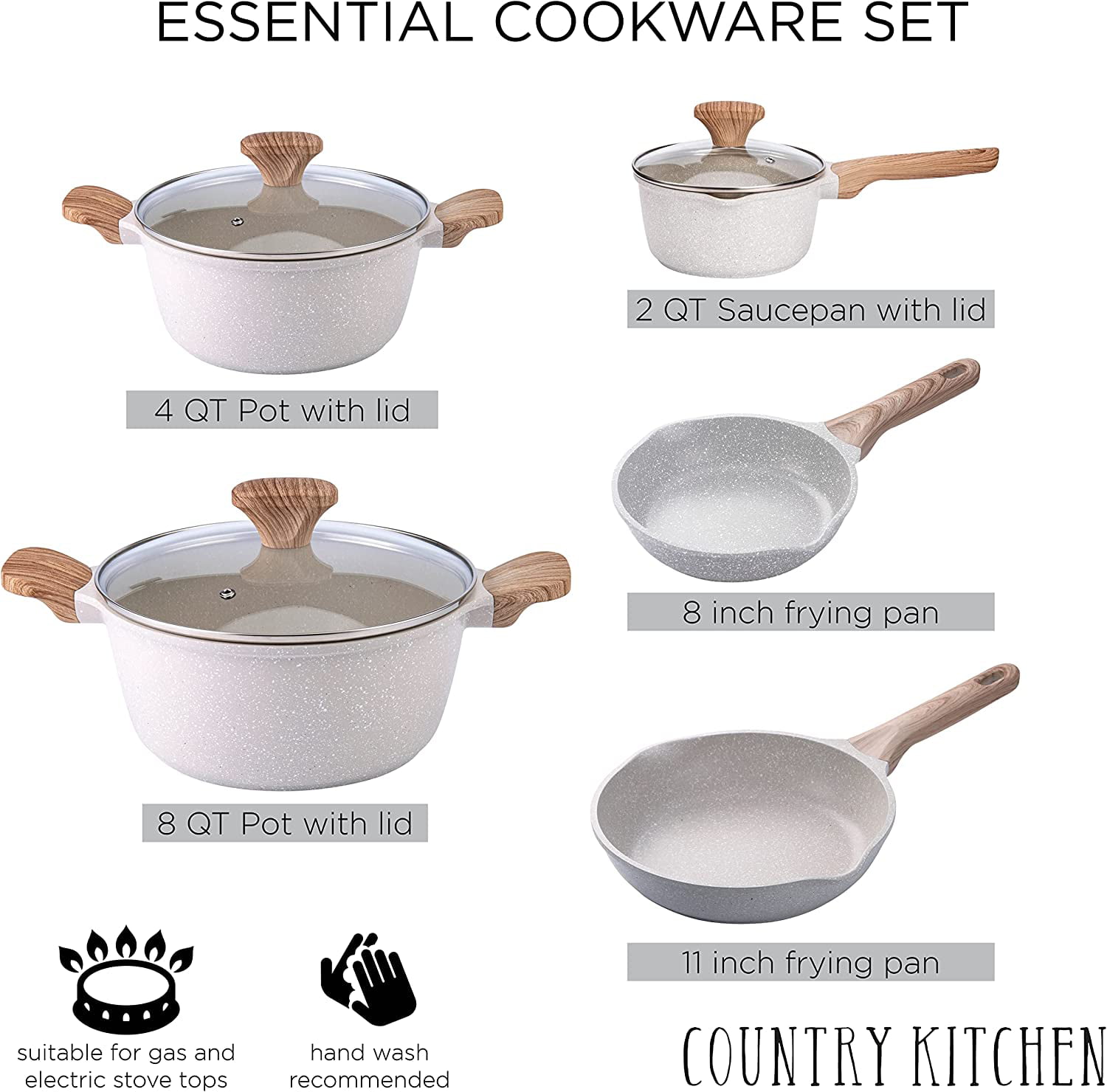 Country Kitchen country kitchen induction cookware sets - 8 piece nonstick  cast aluminum pots and pans with bakelite handles - non-toxic - sp