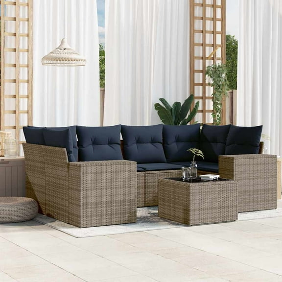 vidaXL 7 Piece Patio Sofa Set with Cushions Gray Poly Rattan