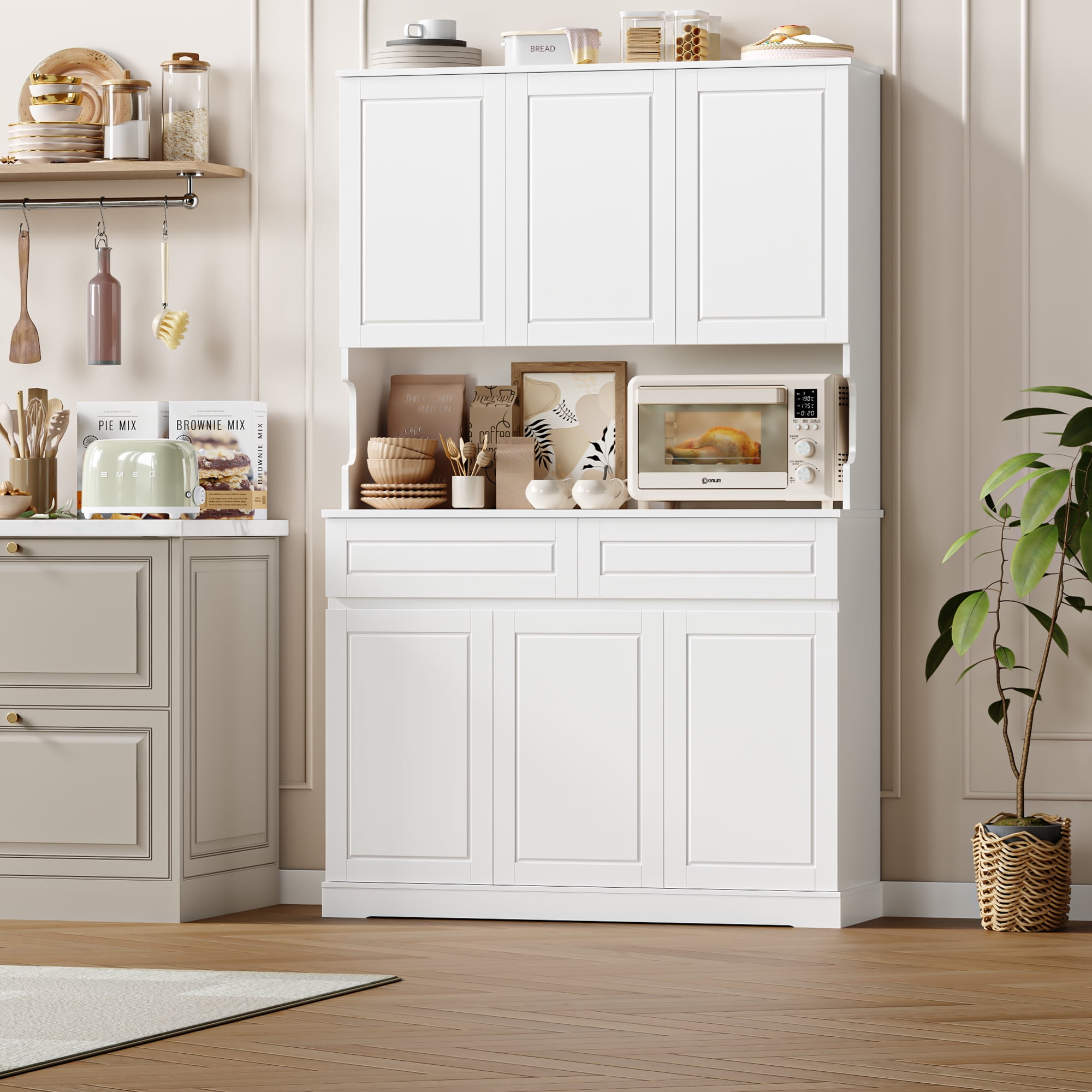 Homfa 73.8”H Pantry Cabinet with 6 Doors and 2 Drawers, Microwave Stand Storage Cabinet with Grooved Handles and Adjustable Shelf for Kitchen Dining Room, White