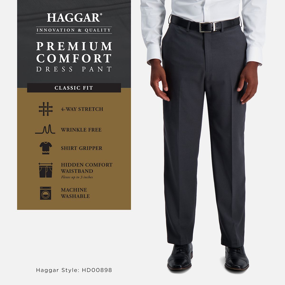 Mens Haggar Premium Comfort Expandable-Waist Classic-Fit Stretch Flat-Front Dress  Pants Stone - Walmart Business Supplies