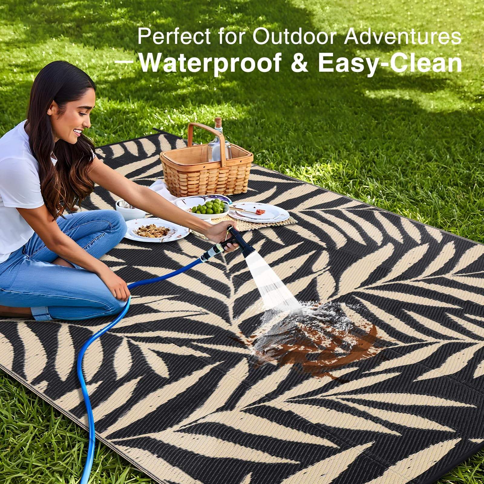 Smiry Outdoor Rugs 5x8, Waterproof Plastic Straw Indoor Outdoor Mat for Patio, RV Camping, Deck,Porch, Black & Beige