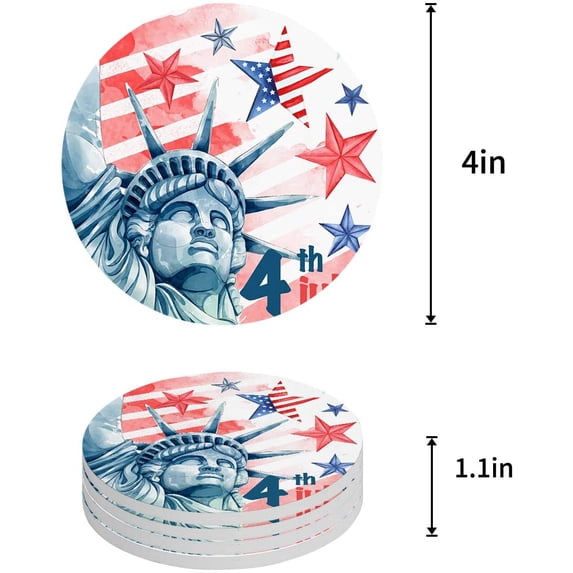 FMSHPON Independence Day American Flag Statue of Liberty Set of 6 Round Coaster for Drinks, Absorbent Ceramic Stone Coasters Cup Mat with Cork Base for Home Kitchen Room Coffee Table Bar Decor