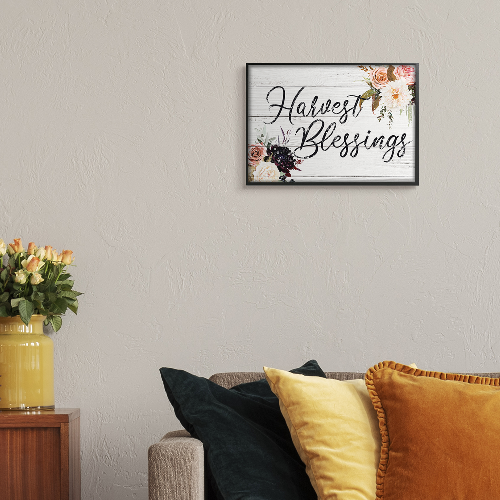 Stupell Industries Harvest Blessings Phrase Pink Peony Floral Arrangements Botanical & Floral Painting Black Framed Art Print Wall Art, 11 x 14