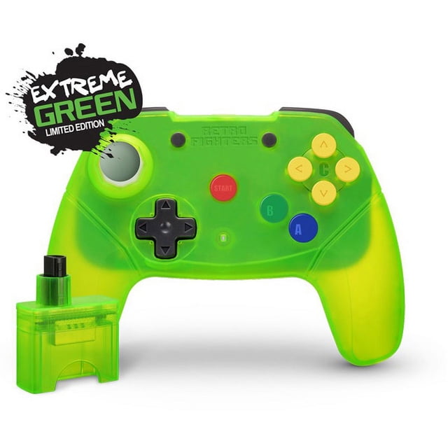 Manette de Jeu Sans Fil Extreme Green Brawler64 Next Gen N64 par Retro Fighters, Présentant un design Vert Translucide Audacieux avec des Poignées Ergonomiques. Inclut des Boutons Modernes comme une Capture d'Écran, la Maison et un Moins pour la Compatibilité Nintendo Switch. Équipée de la Technologie Bluetooth pour la Connectivité Sans Fil, un Capteur de Mouvement et un Retour de vibration Double. Montrée avec un Adaptateur Sans Fil Vert Assorti.