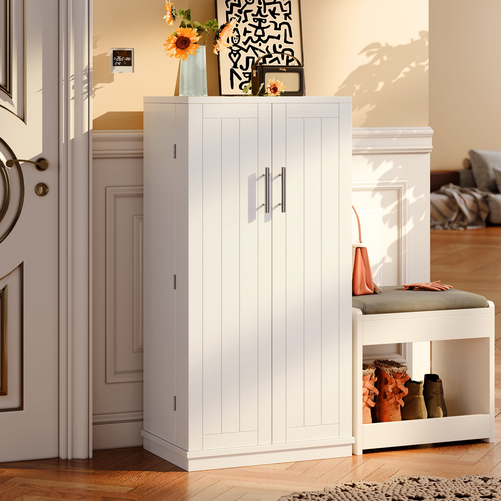 Walsunny Pantry Food Storage Cabinet 47" Free Standing Craft Cupboard with Doors Adjustable Shelves for Kitchen Entryway Dining Room Bathroom White