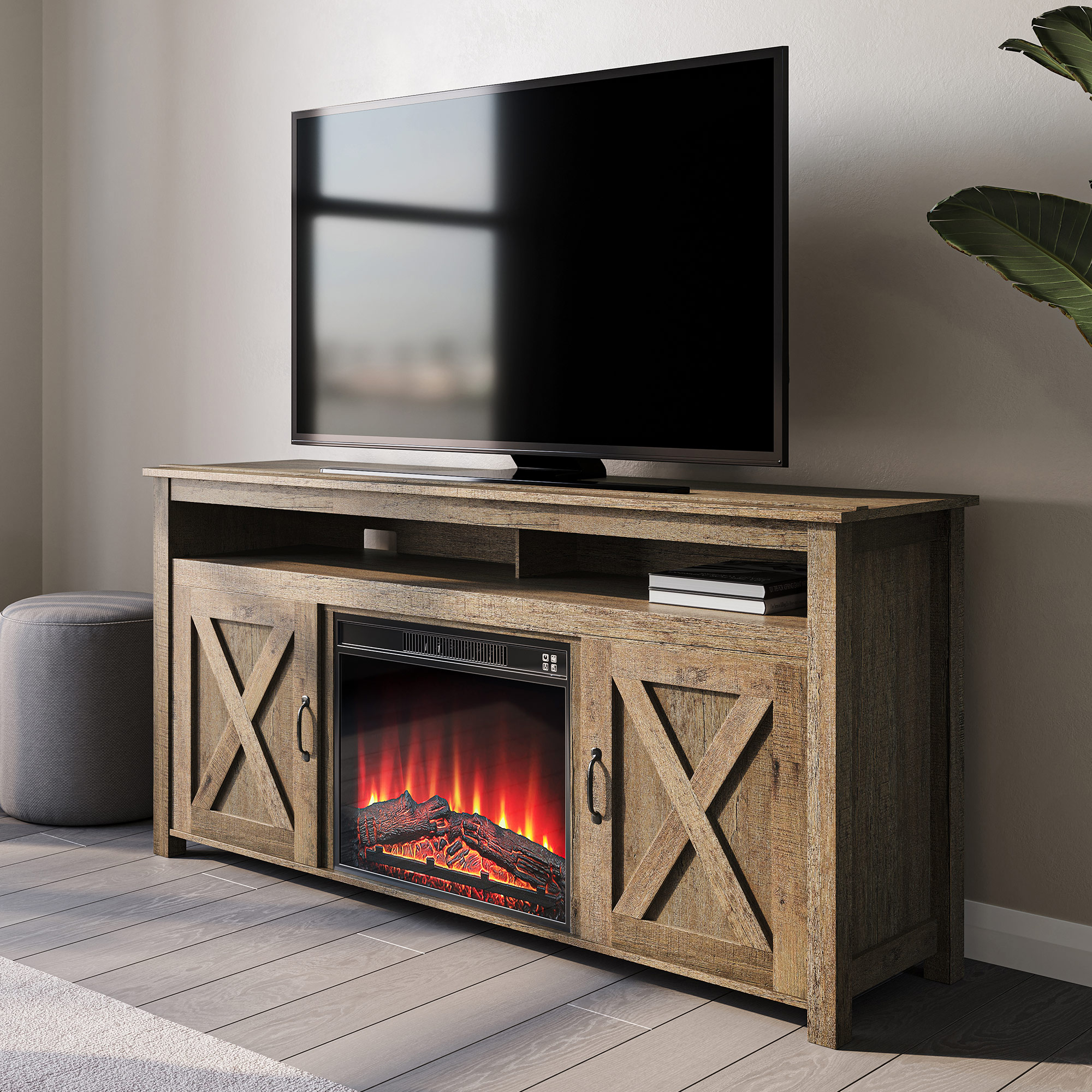 BELLEZE Barn Door Wood Electric Fireplace TV Stand for TVs up to 65