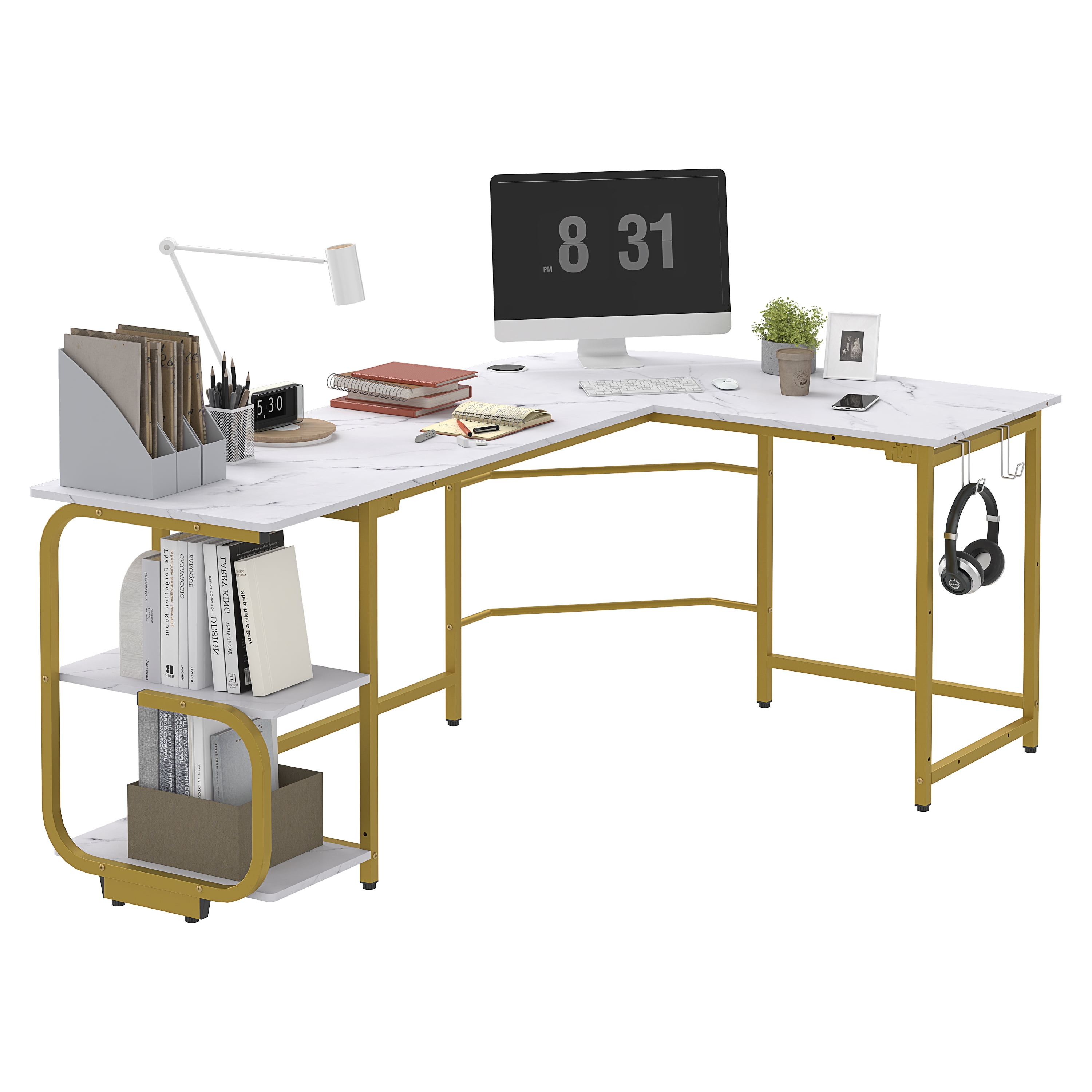 Aromei 70" L-Shaped Desk with 2-Tiers Storage Shelves, Home Office Large Corner Computer Desk, White and Gold