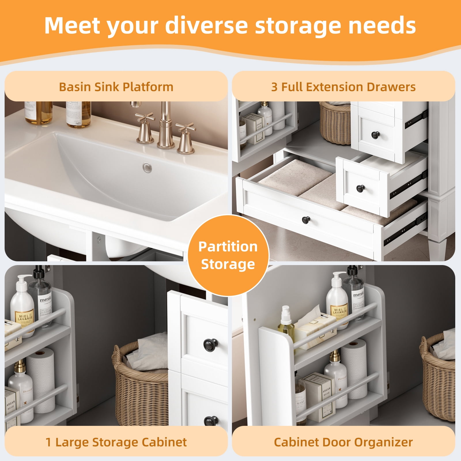 Euroco 30 Inch Bathroom Vanity with Ceramic Sink, White Bathroom with 3 Drawers, Solid Wood Frame Modern Bathroom Storage Cabinet , Ideal for Home