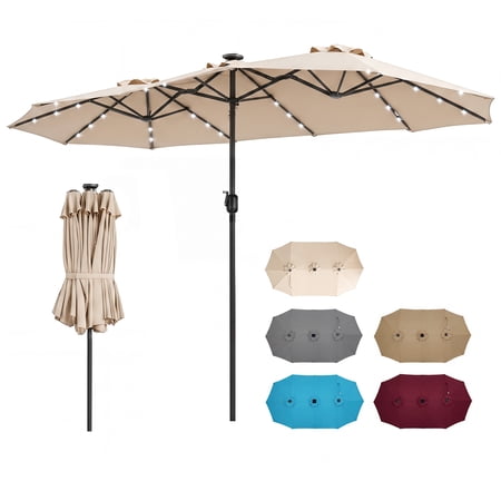 Costway 13 FT Double-Sided Patio Umbrella with Solar Lights, 36 LED Lights, Crank Handle Beige