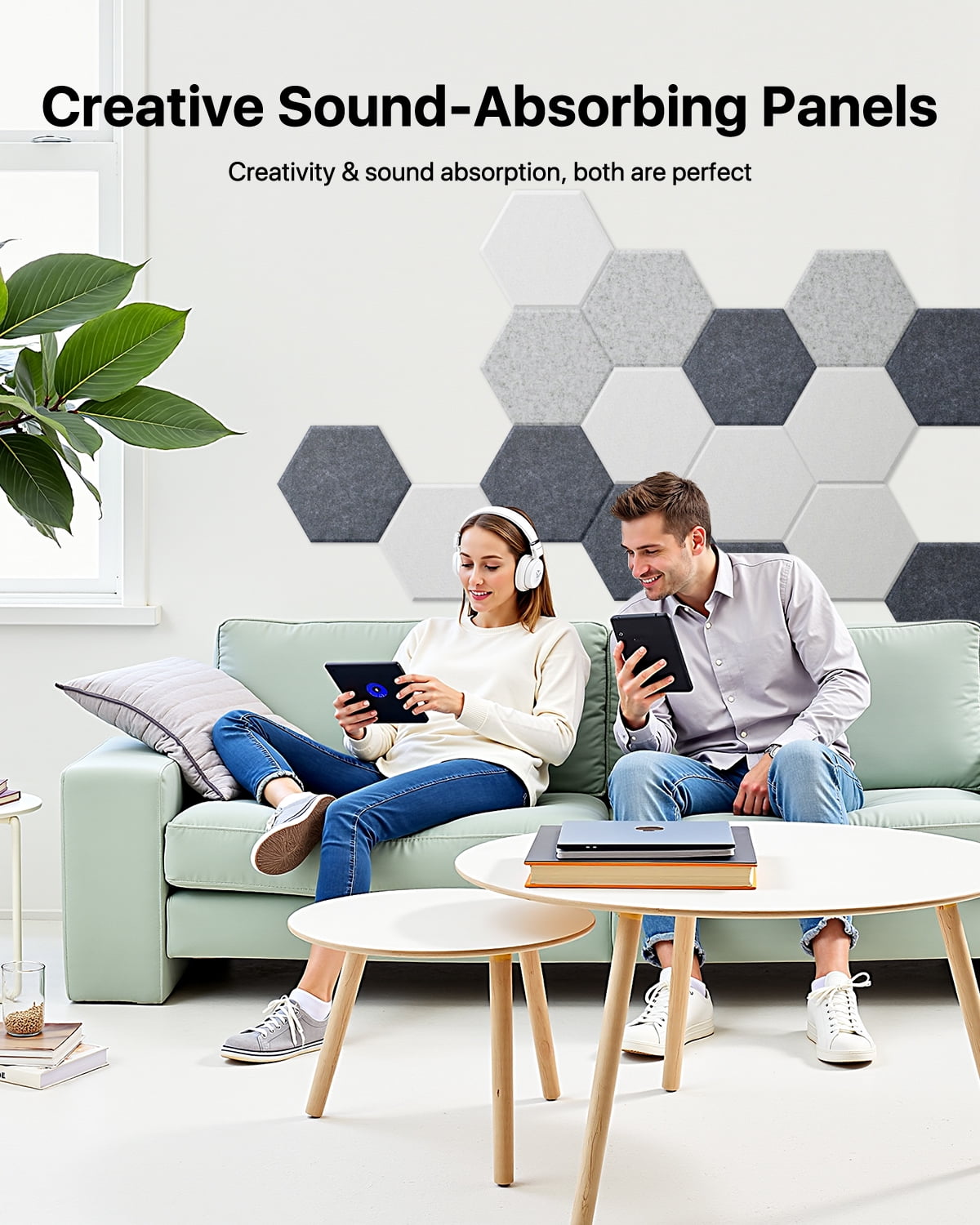Soundsbay Acoustic Wall Panels Hexagon Self-Adhesive Soundproof Absorbing Noise Cancelling Wall Panels 12 Pack Dark Gray 12'' x 10'' x 0.4''