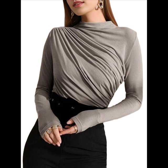 Camiseta Interior de Larga para Mujer, Otoño e Invierno, Nueva, con Cuello Redondo Cepillado Gris XL
