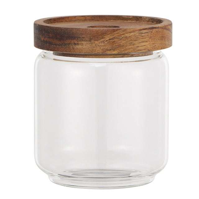 500ML Wooden Lid Candy Jar High Borosilicate Transparent Glass Storage Tank Portable Food Grain Container (9x10.5cm Bottle with or without LOGO for Random)