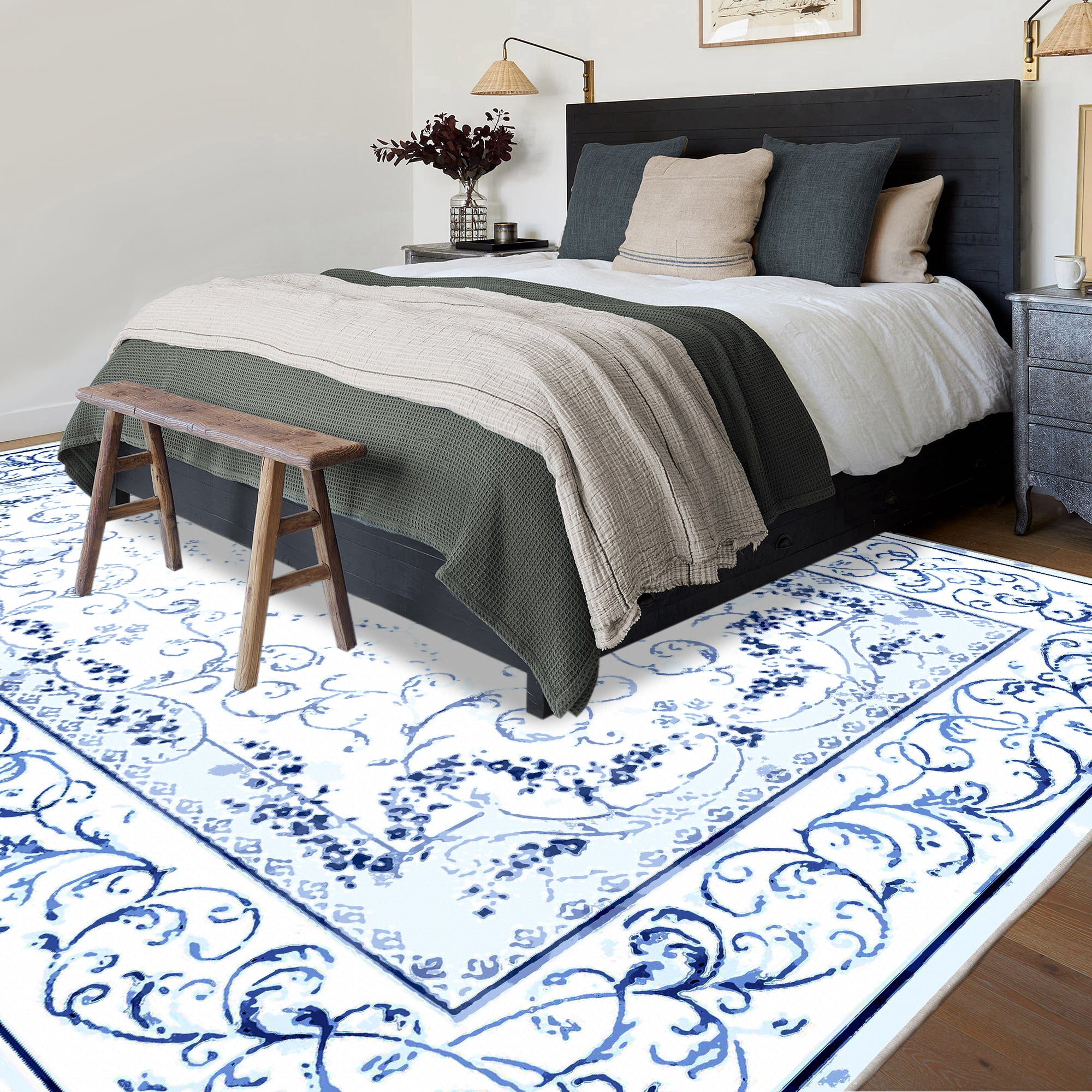Artnice Floral Rugs for Living Room 8x10, Machine Washable Area Rugs Non Slip, Boho Blue Rugs Vintage Indoor Carpet Mats for Home Decor