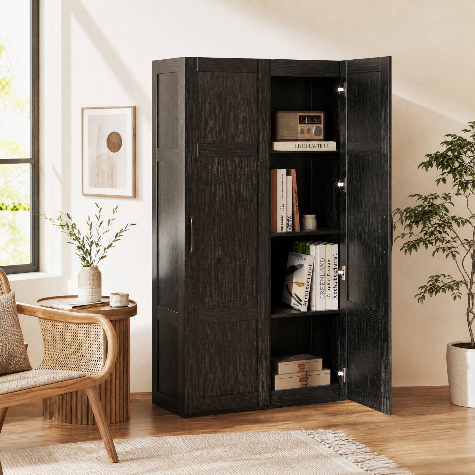 Vebreda Tall Bathroom Storage Cabinet with 4 Shelves, 59 in Narrow Freestanding Floor Cabinet with Soft-Close Door and Anti-Tip Kits, Black