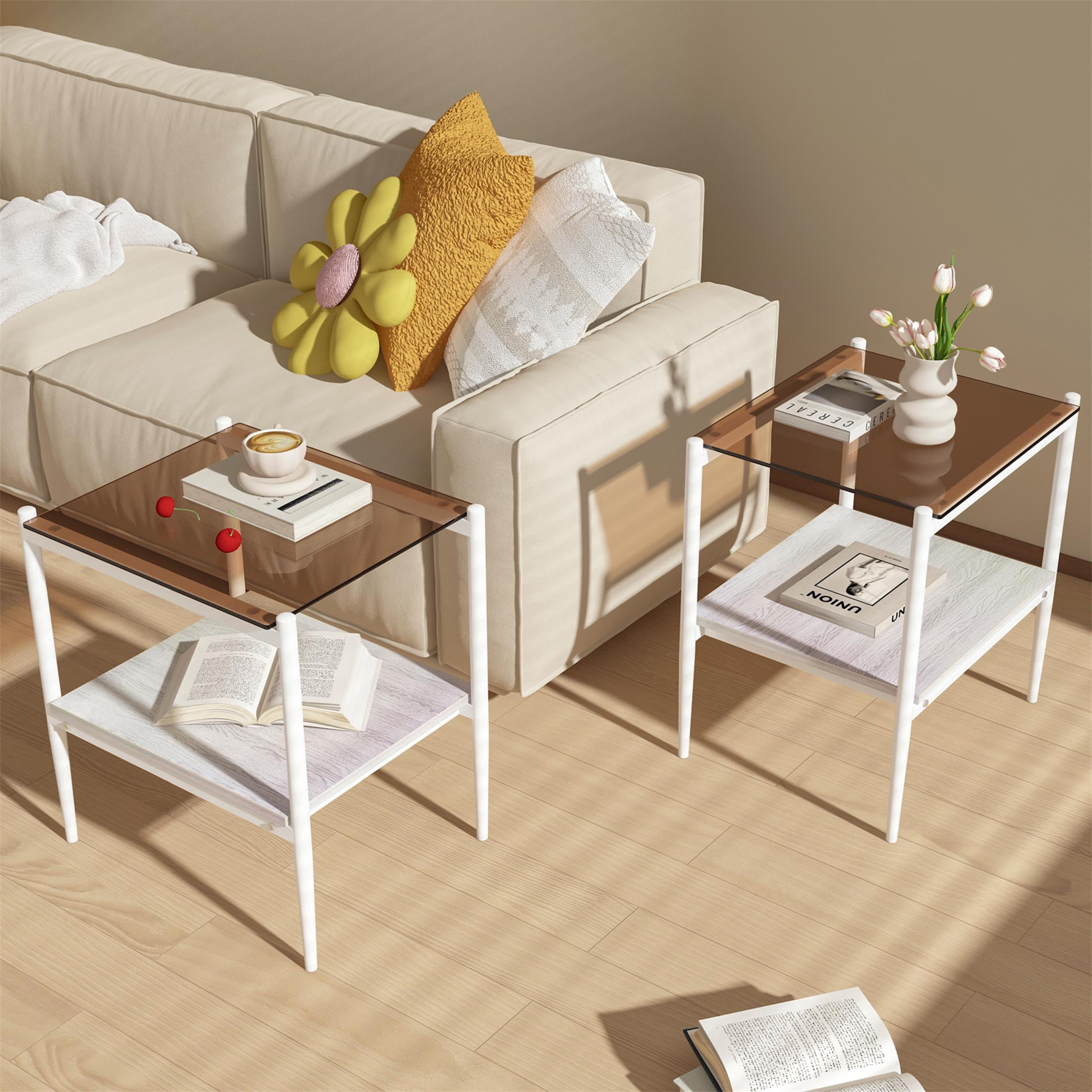 PAPROOS Nightstand Set of 2, Bedside Table with Metal Legs, Modern End Side Table with a Fabric Drawer and Shelf, Versatile Nightstand for Bedroom Sofa Entryway, Brown+White