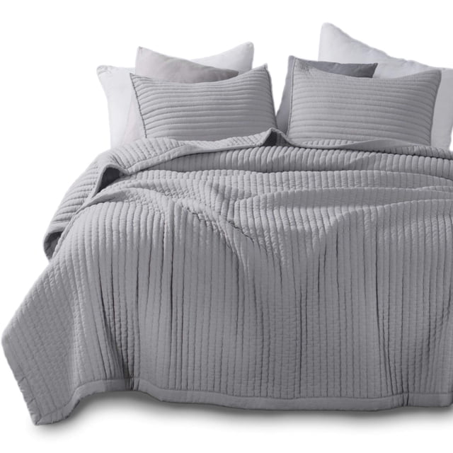 KASENTEX Quilt Mini Set-Stone Washed-Super Soft Bedspread-Light Weight-White Down Alternative Microfiber Fill-Machine Washable, 2 King Shams, Solid Grey, King + 2 King