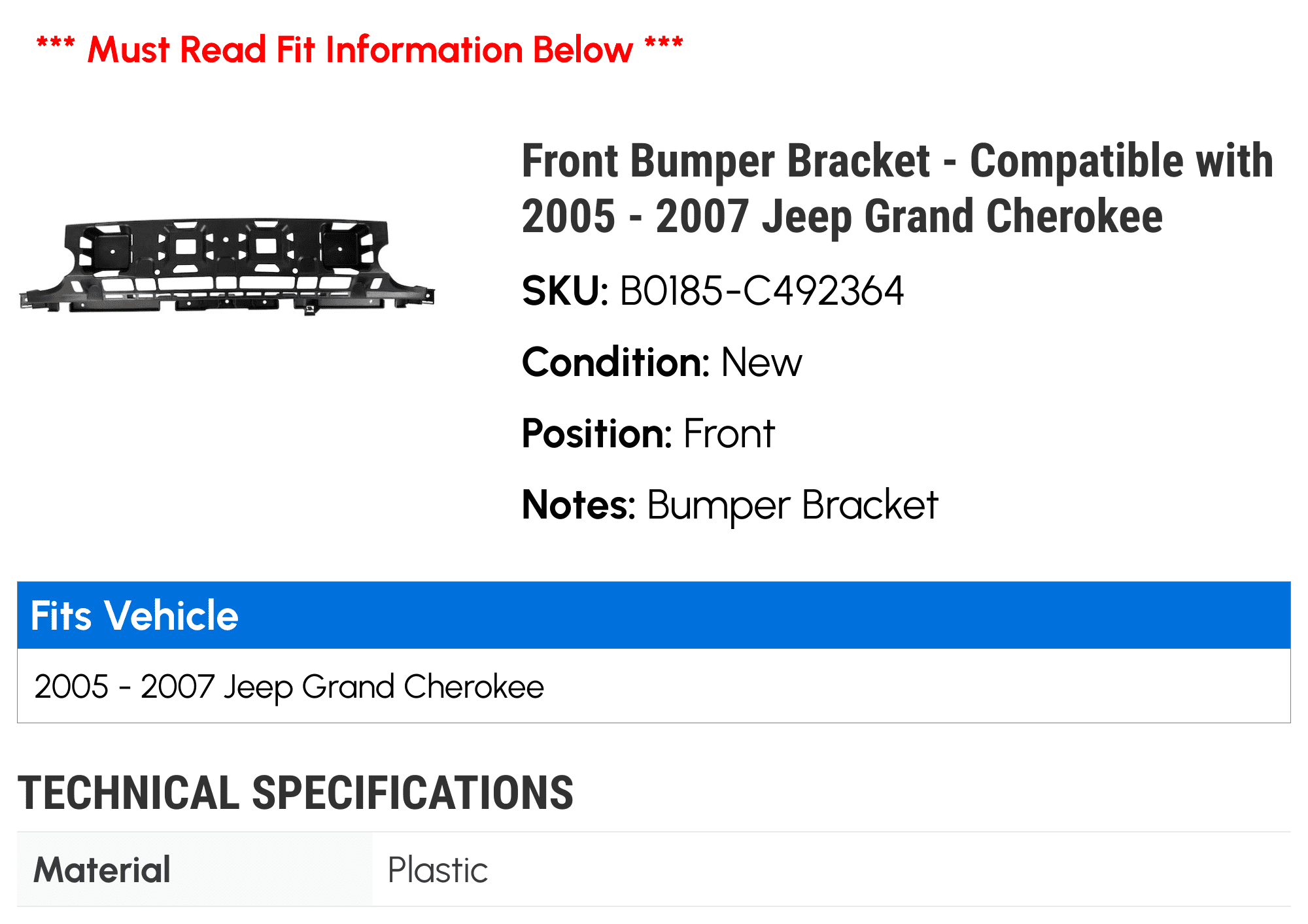 Front Bumper Bracket - Compatible with 2005 - 2007 Jeep Grand Cherokee 2006