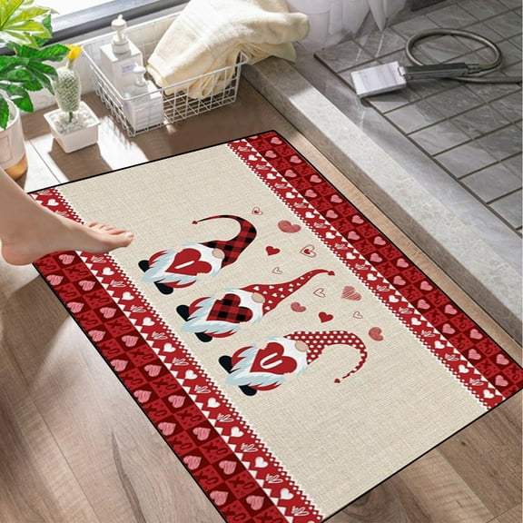 TaTaai 1Pcs Christmas Sweet Gnome Valentine's Day Love Welcome Indoor Bath Mat, Bath Rugs Entrance Romantic Dwarf Chic Plaid Thin Floor Carpet Mat