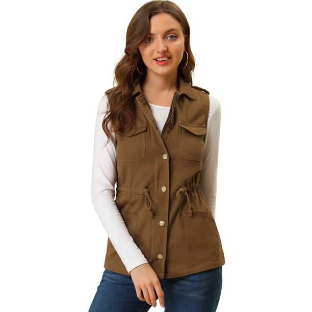 Chaleco Tipo Anorak Estilo Cargo Ligero Con Cordón Para Mujer Marrón S