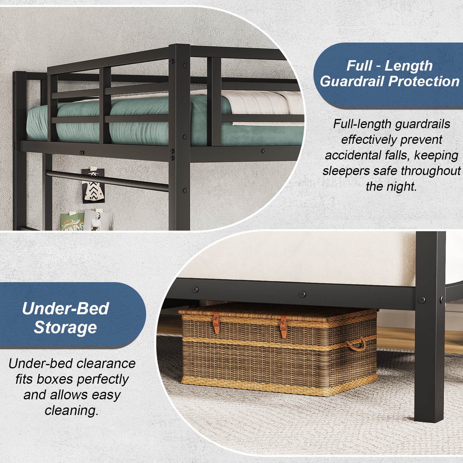 Mintazer Queen Over Twin XL Metal Bunk Bed with Desk and Shelves Built-in LED & USB Charging Ports, 2 in 1 Folding Sofa Bed for Kids Teens, Black