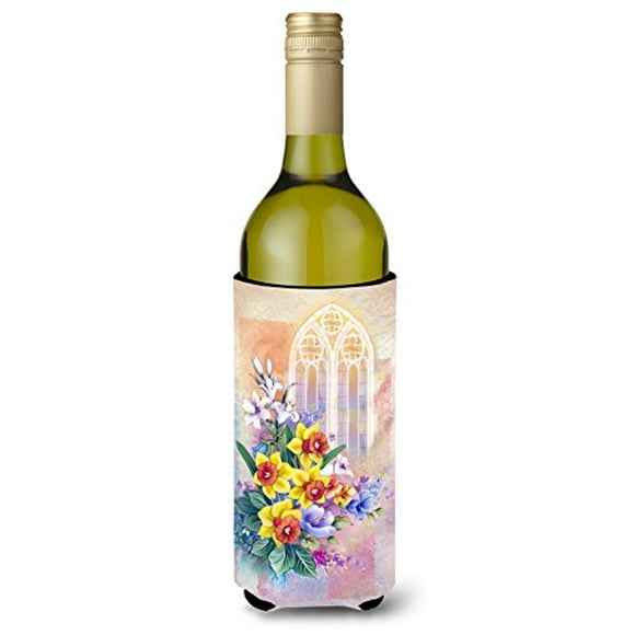 Carolines Treasures APH3935LITERK Church Window and Daffodils Wine Bottle Beverge Insulator Hugger Wine Bottle multicolor