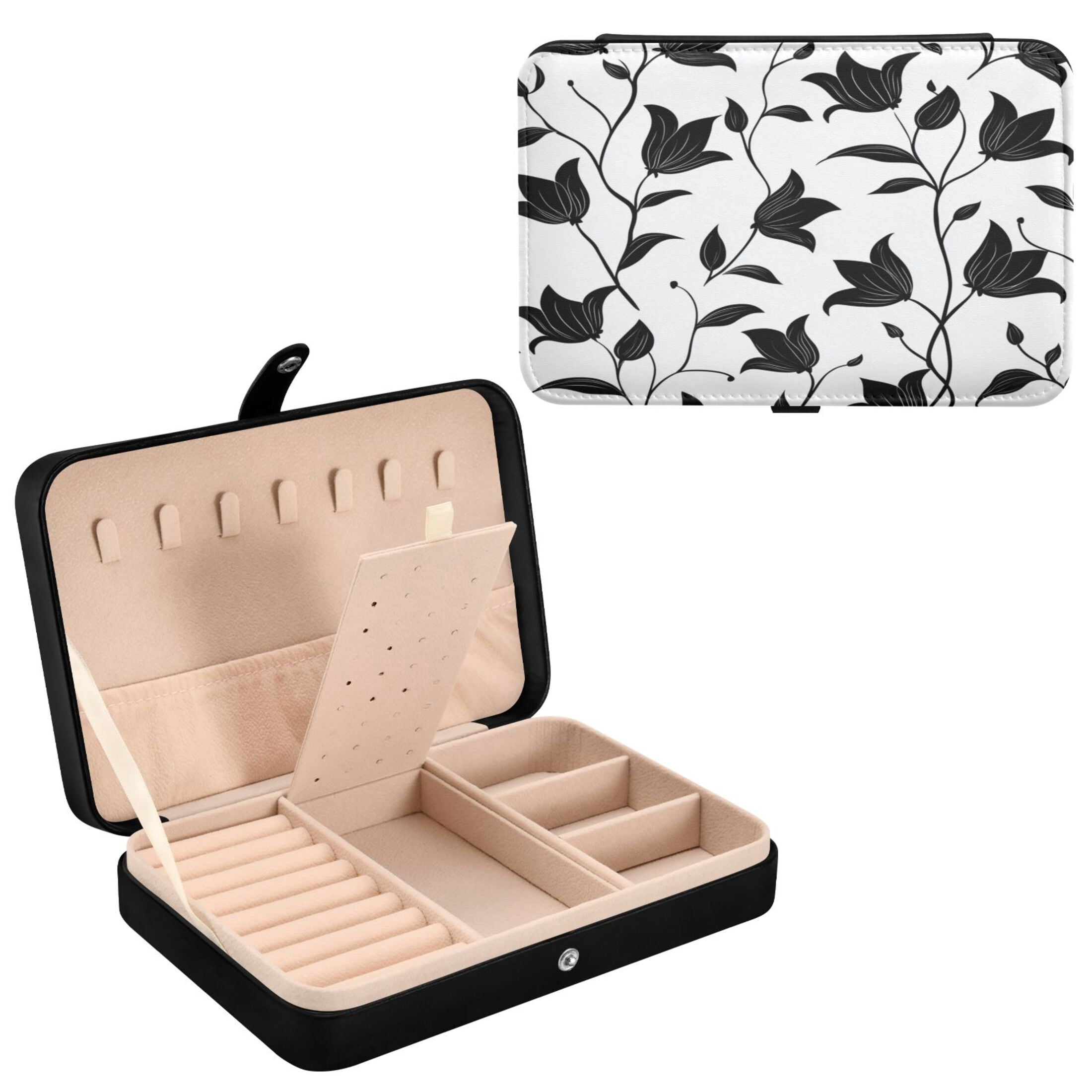Leather Jewelry Box Rectangular 8.27x5.5x1.78In Travel Jewelry Storage Earrings Necklace Bracelet Watch Brooch Storage Black Cartoon Flower