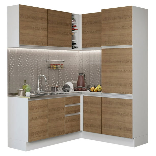 Cocina Integral Completa Esquinera Madesa 329cm Blanco Glamour 01 - Blanco/Marrón Madesa GCGL329001
