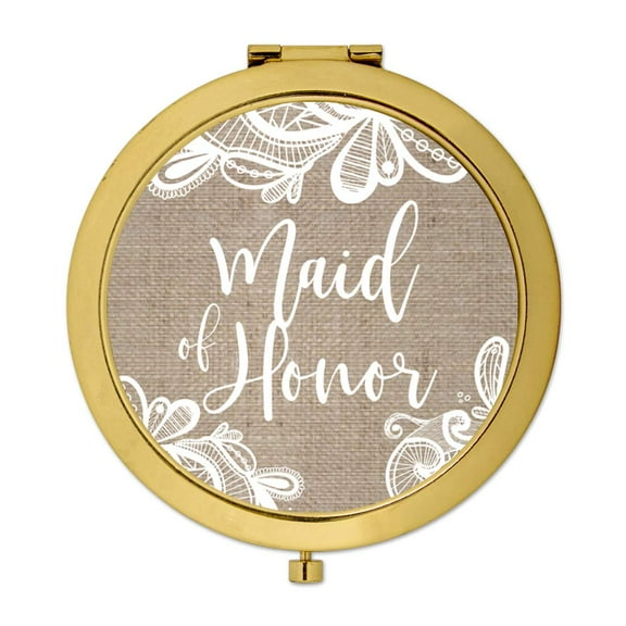 Koyal Wholesale Compact Mirror Maid of Honor Wedding Gift, Gold, Burlap Lace, 1-Pack