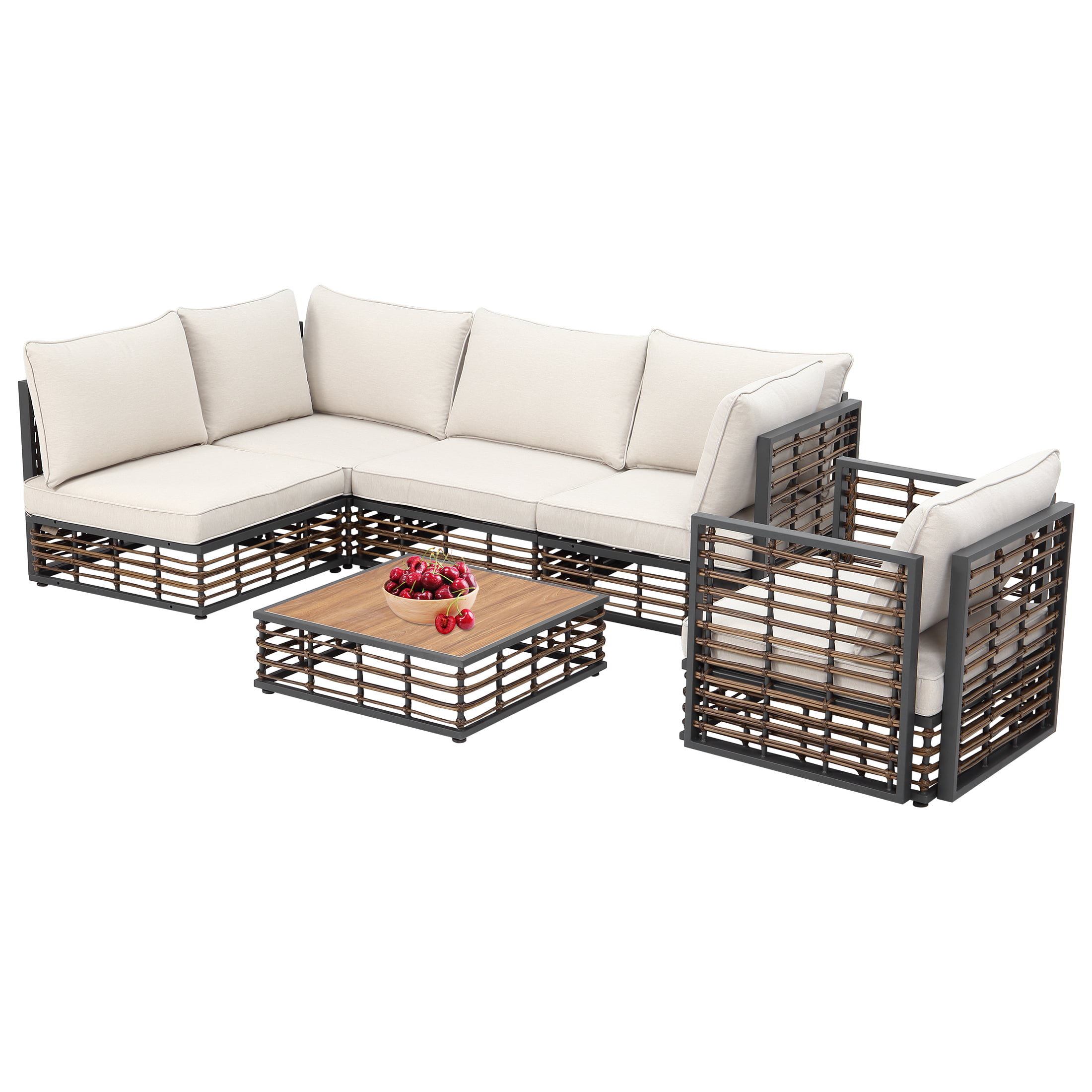 AECOJOY 6 Pieces Outdoor Patio PE Rattan Wicker Sofa Cushioned Sectional Furniture Set with Pillows