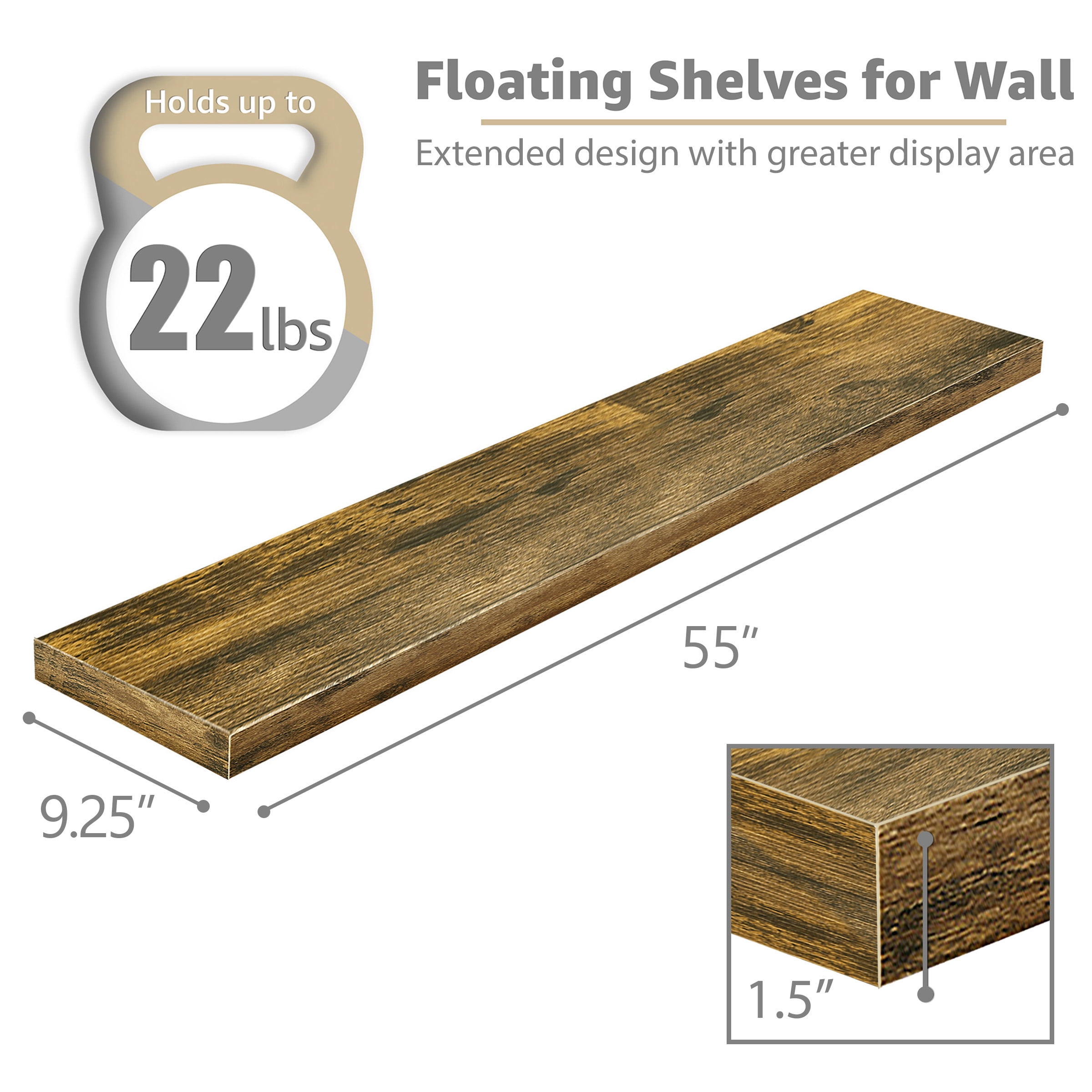 Sorbus 55in Extra-Long Floating Shelves, Wall-Mounted Storage with Hidden Brackets, Brown 2-Pack