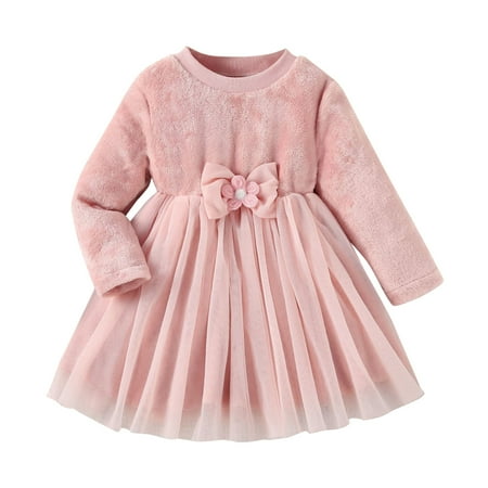 

Girls Fashion Dresses Kids Toddler Baby Girls Autumn Winter Bow Tie Fleece Warm Cotton Long Sleeve Tulle Princess Dress Clothes