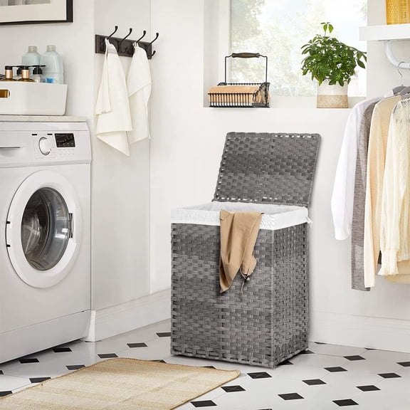 NiamVelo Bamboo Laundry Basket 90L Handwoven Foldable Laundry Hamper with Lid, 2 Removable Liner & 6 Laundry Bags, Gray