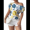 thumbnail image 3 of Blusa de Verano con Estampado Floral Fruncido y Hombros Descubiertos para Mujer. Azul M, 3 of 10