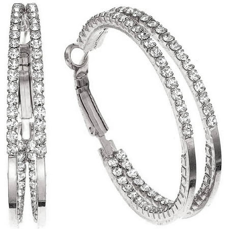X & O Handset Austrian Crystal 40mm Rhodium-Plated Two-Row Inside-Out Earrings
