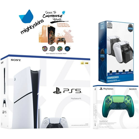 Sony PlayStation 5 Slim Disc with Extra Chroma Teal Controller, Dual Charging Dock and MightySkins Decal Voucher