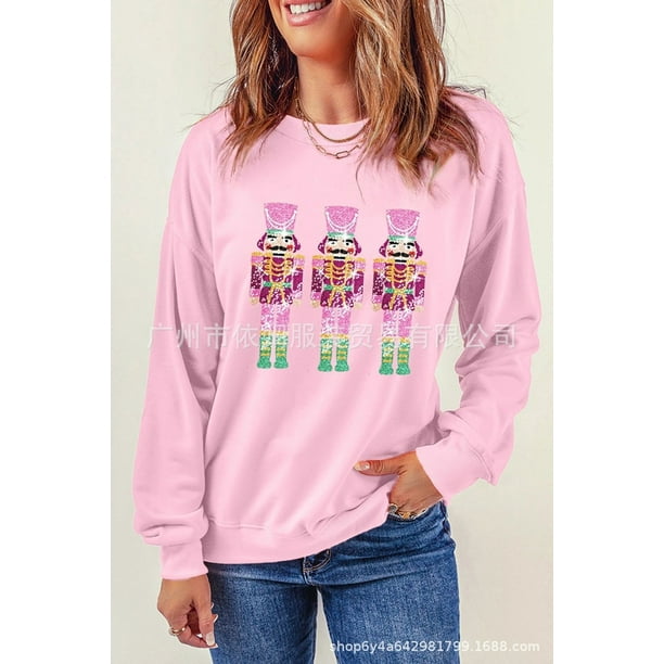 Sudadera navideña con lentejuelas para mujer, camisetas con gráficos bonitos para vacaciones, sudadera de manga larga con cuello redondo y lentejuelas que combina con todo