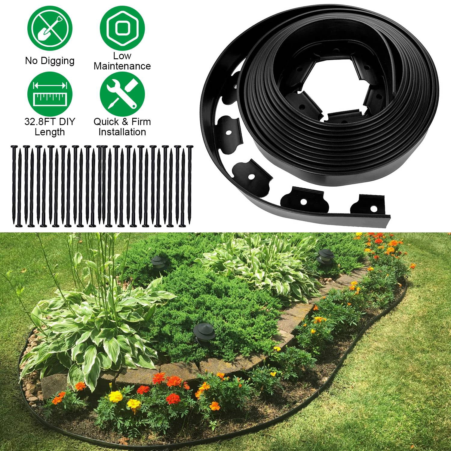 Zorpupoa 33ft Garden Border, 2in Tall No-Dig Plastic Garden Edging with 30 Stakes for Garden Lawn Landscape, Black