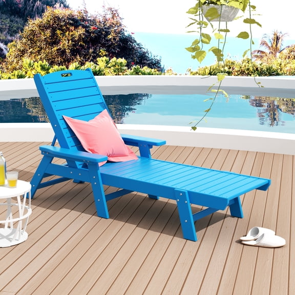 GARDEN Plastic Outdoor Chaise Lounge Chair with Adjustable Backrest, Pacific Blue