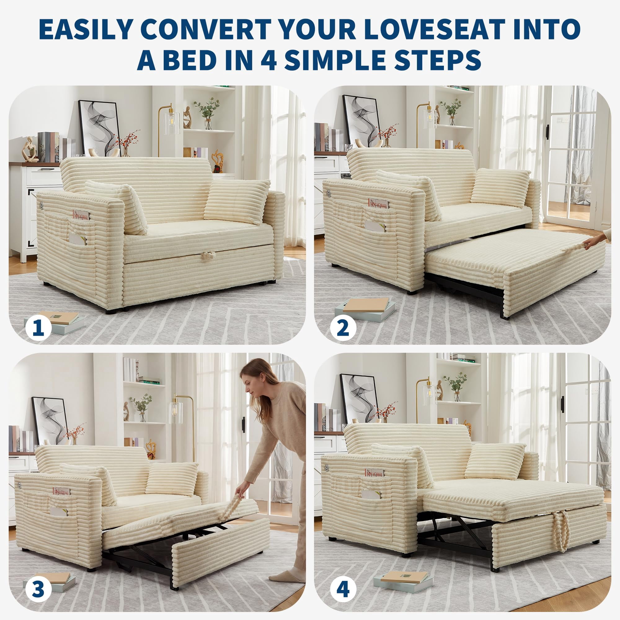 48'' Corduroy Loveseat Sleeper Sofa Bed with Pull-Out Bed, Adjustable Backrest & Charging Ports for Living Room, Bedroom & Apartment