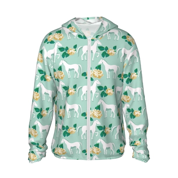 Fotbe Horse And Flower Chaqueta con Protección Solar UPF 50+ para Hombre y Mujer, Camisa con Capucha y Bolsillos-X-Large