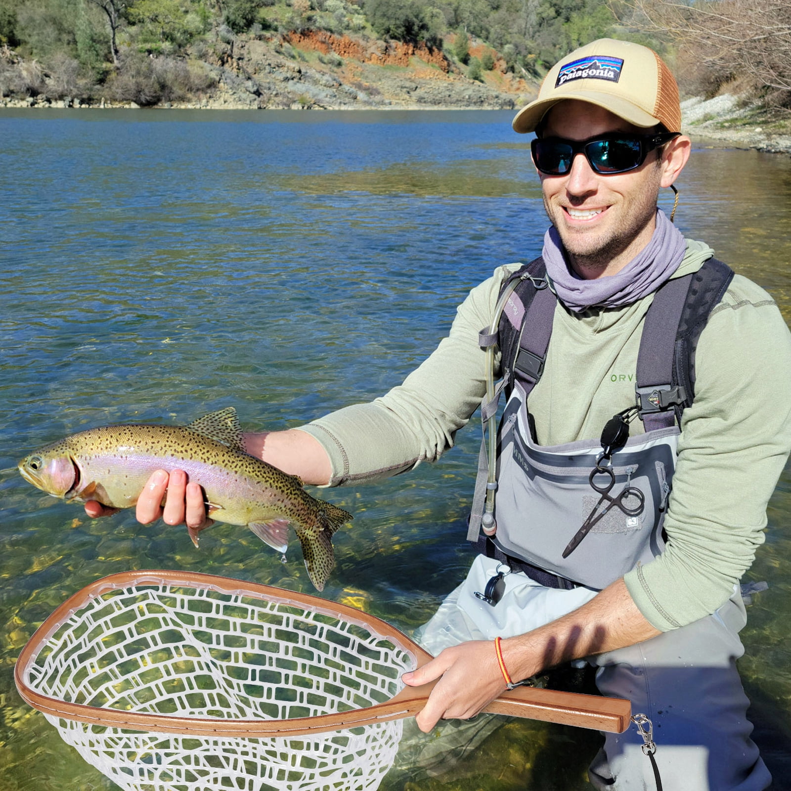 Wooden Fly Fishing Net - Soft White Silicone Mesh, Beech Wood Straight Handle, Lightweight, Durable, Safe Catch & Release, For Trout, Bass, Freshwater & Saltwater
